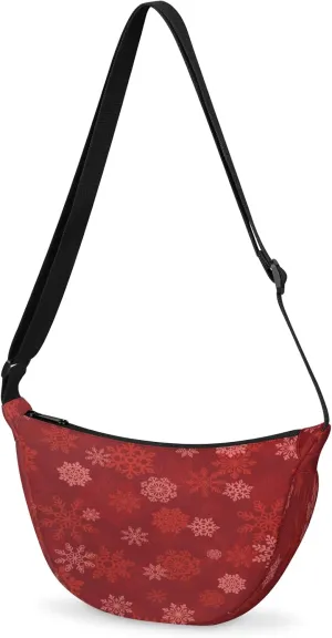Crescent Crossbody Bag for Women & Men Lightweight Spacious Dumpling-style Sling Bag Adjustable Strap Zippers Travel Casual Use Suitable Red Christmas Snowflakes
