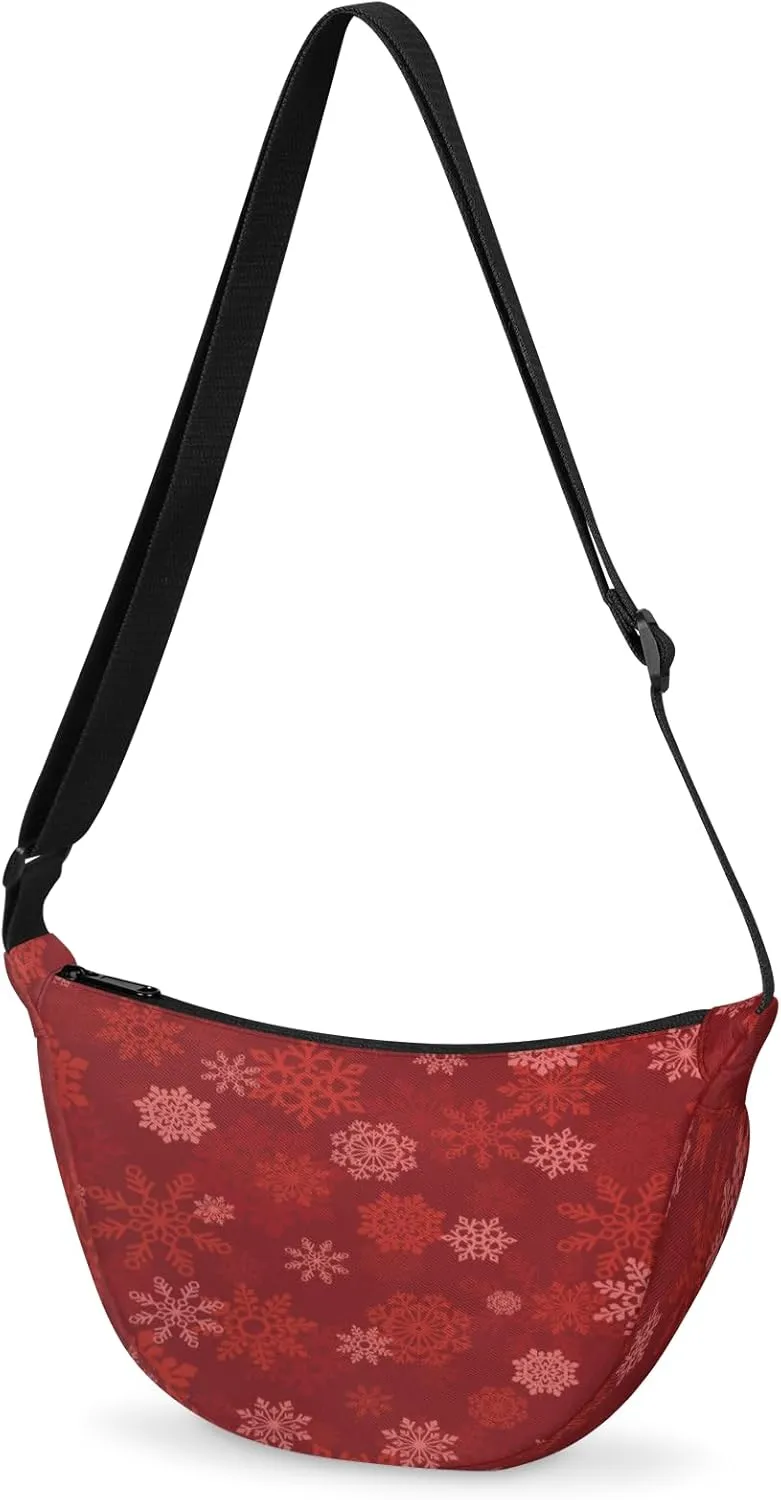 Crescent Crossbody Bag for Women & Men Lightweight Spacious Dumpling-style Sling Bag Adjustable Strap Zippers Travel Casual Use Suitable Red Christmas Snowflakes