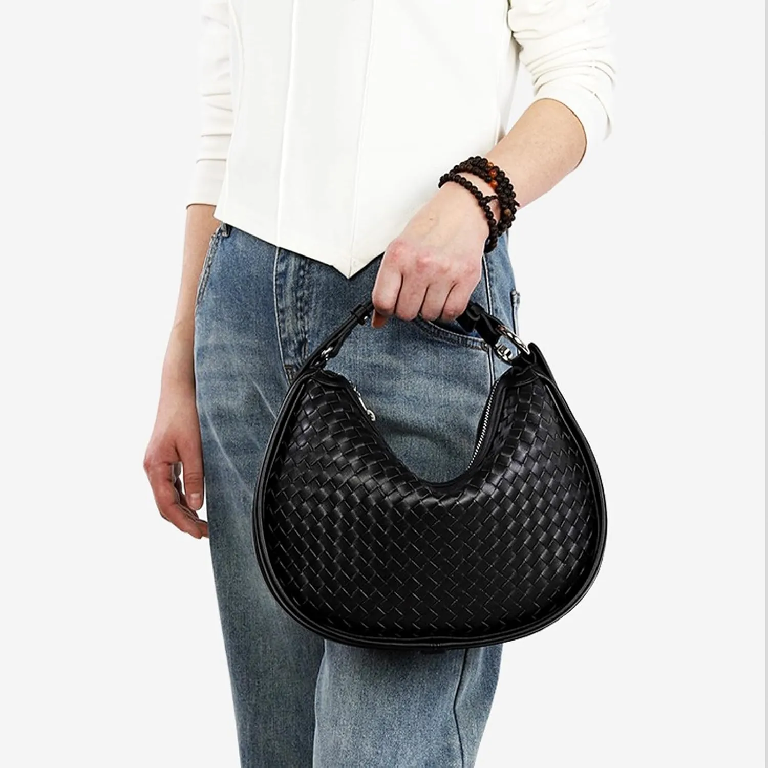 Crescent Shoulder Bag for Women, Woven Crossbody Bag, Small Clutch Purse, Hobo Tote Handbags with Detachable Straps