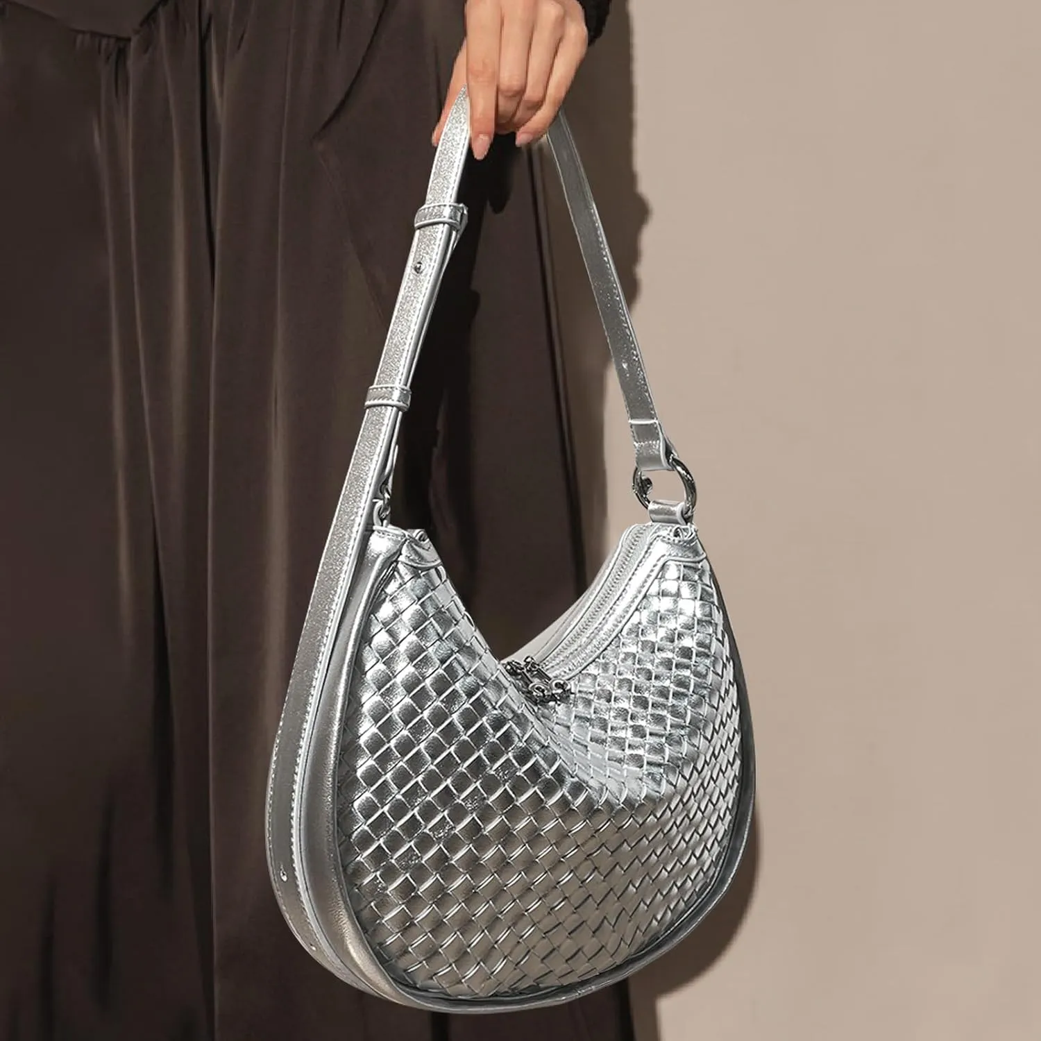 Crescent Shoulder Bag for Women, Woven Crossbody Bag, Small Clutch Purse, Hobo Tote Handbags with Detachable Straps
