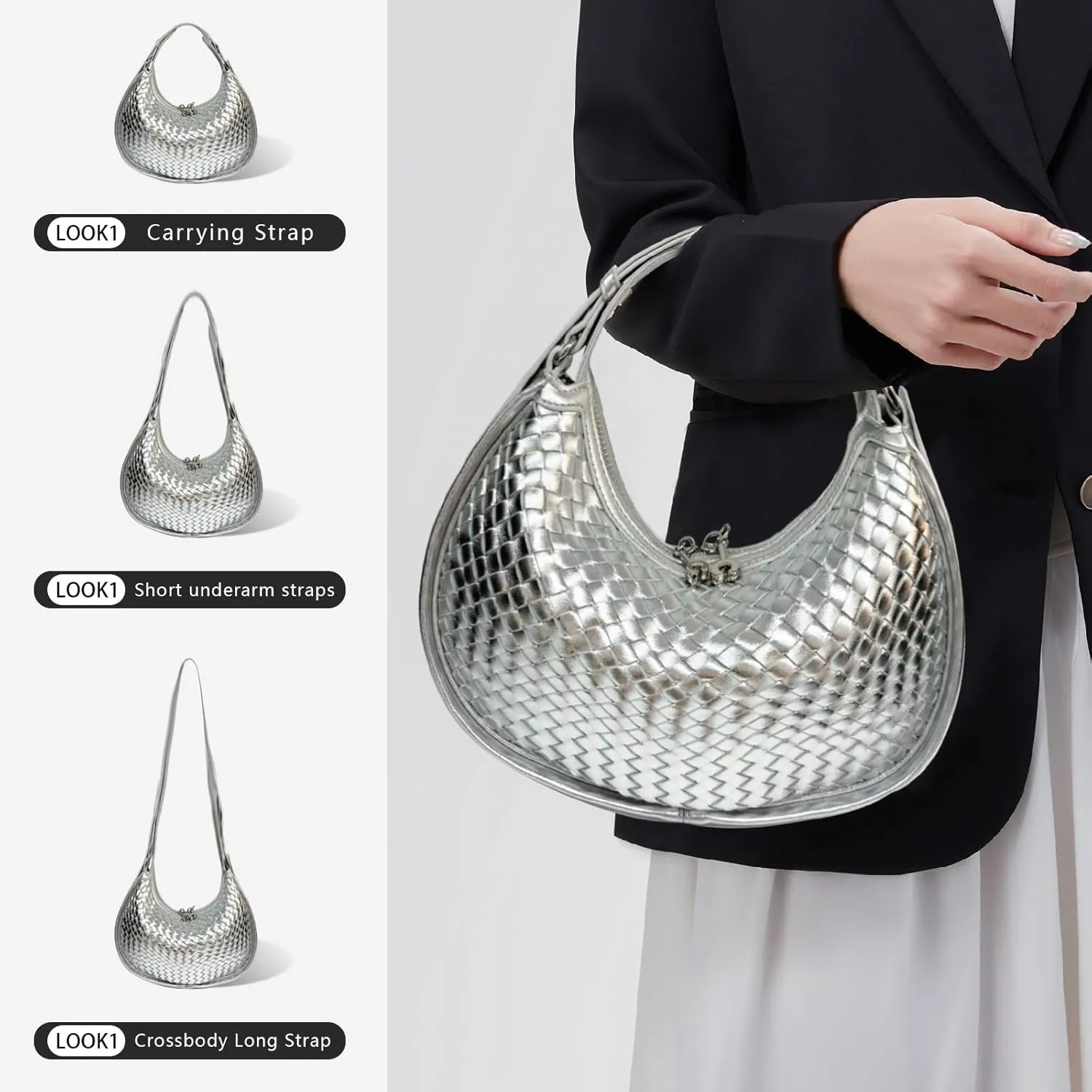 Crescent Shoulder Bag for Women, Woven Crossbody Bag, Small Clutch Purse, Hobo Tote Handbags with Detachable Straps