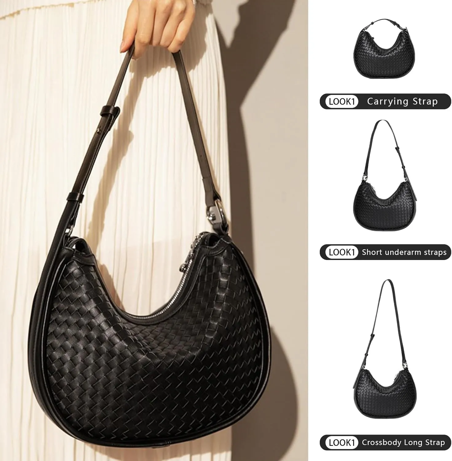Crescent Shoulder Bag for Women, Woven Crossbody Bag, Small Clutch Purse, Hobo Tote Handbags with Detachable Straps