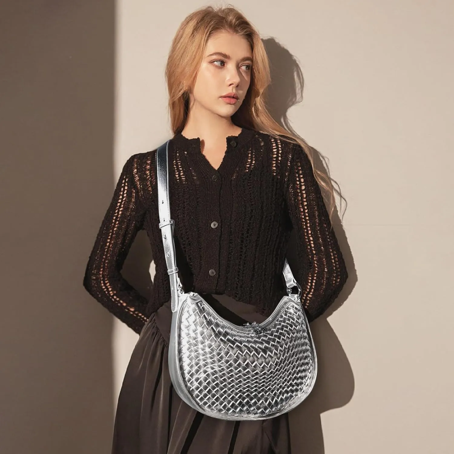 Crescent Shoulder Bag for Women, Woven Crossbody Bag, Small Clutch Purse, Hobo Tote Handbags with Detachable Straps