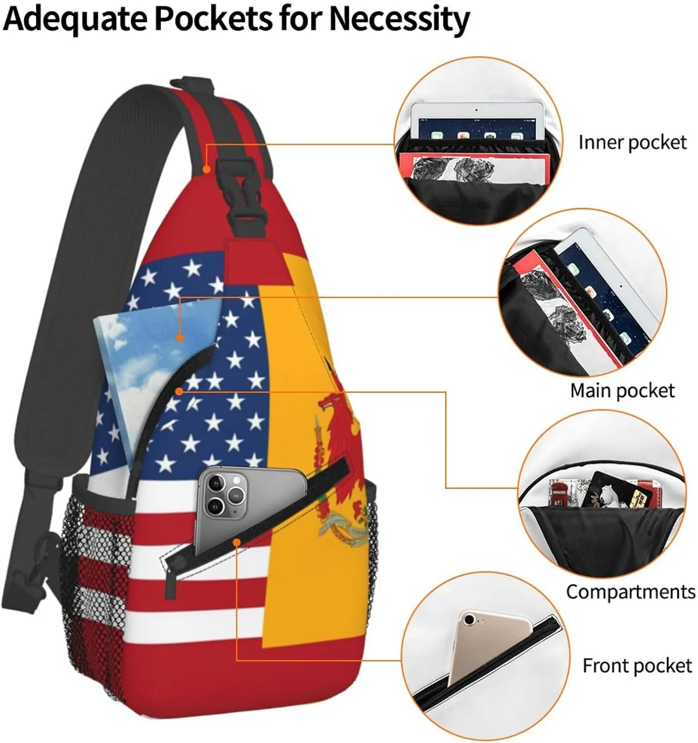 Crossbody Sling Backpack Sling Bag For Men Women Cross Chest Bag Shoulder Bag American Spain Flag Travel Hiking Daypack