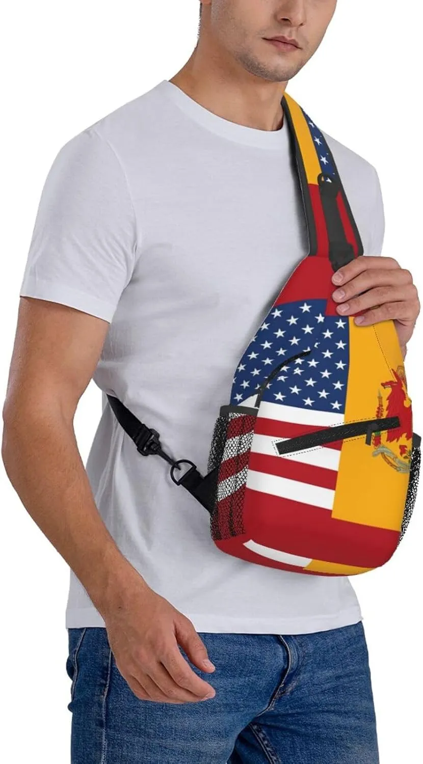 Crossbody Sling Backpack Sling Bag For Men Women Cross Chest Bag Shoulder Bag American Spain Flag Travel Hiking Daypack