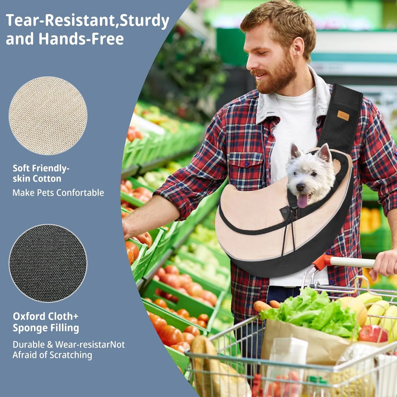 Cuby Pet Sling Carrier for Small Dogs Cats,Drawstring & Zipper Security Hook Triple Design for Pets' Securty Dog Bag,Breathable Travel Puppy Sling Carrier with Adjustable Strap(Beige,L(9.5-13.5 lbs))