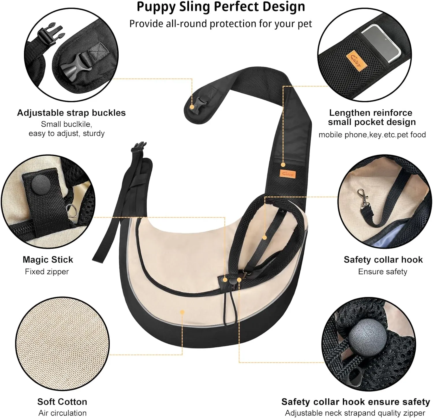 Cuby Pet Sling Carrier for Small Dogs Cats,Drawstring & Zipper Security Hook Triple Design for Pets' Securty Dog Bag,Breathable Travel Puppy Sling Carrier with Adjustable Strap(Beige,L(9.5-13.5 lbs))