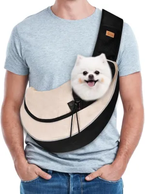 Cuby Pet Sling Carrier for Small Dogs Cats,Drawstring & Zipper Security Hook Triple Design for Pets' Securty Dog Bag,Breathable Travel Puppy Sling Carrier with Adjustable Strap(Beige,L(9.5-13.5 lbs))