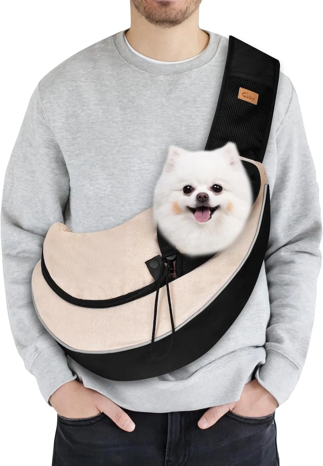 Cuby Pet Sling Carrier for Small Dogs Cats,Drawstring & Zipper Security Hook Triple Design for Pets' Securty Dog Bag,Breathable Travel Puppy Sling Carrier with Adjustable Strap(Beige,L(9.5-13.5 lbs))