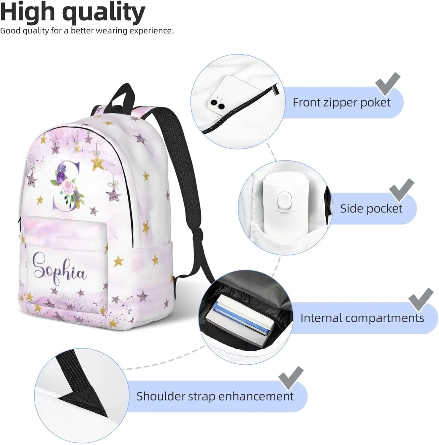 Custom Backpacks with Name for Boys Girls, Personalized Name School Backpack for Kids Teens Adults, Customized Bookbag with Shoulder Strap for School Picnic Travel