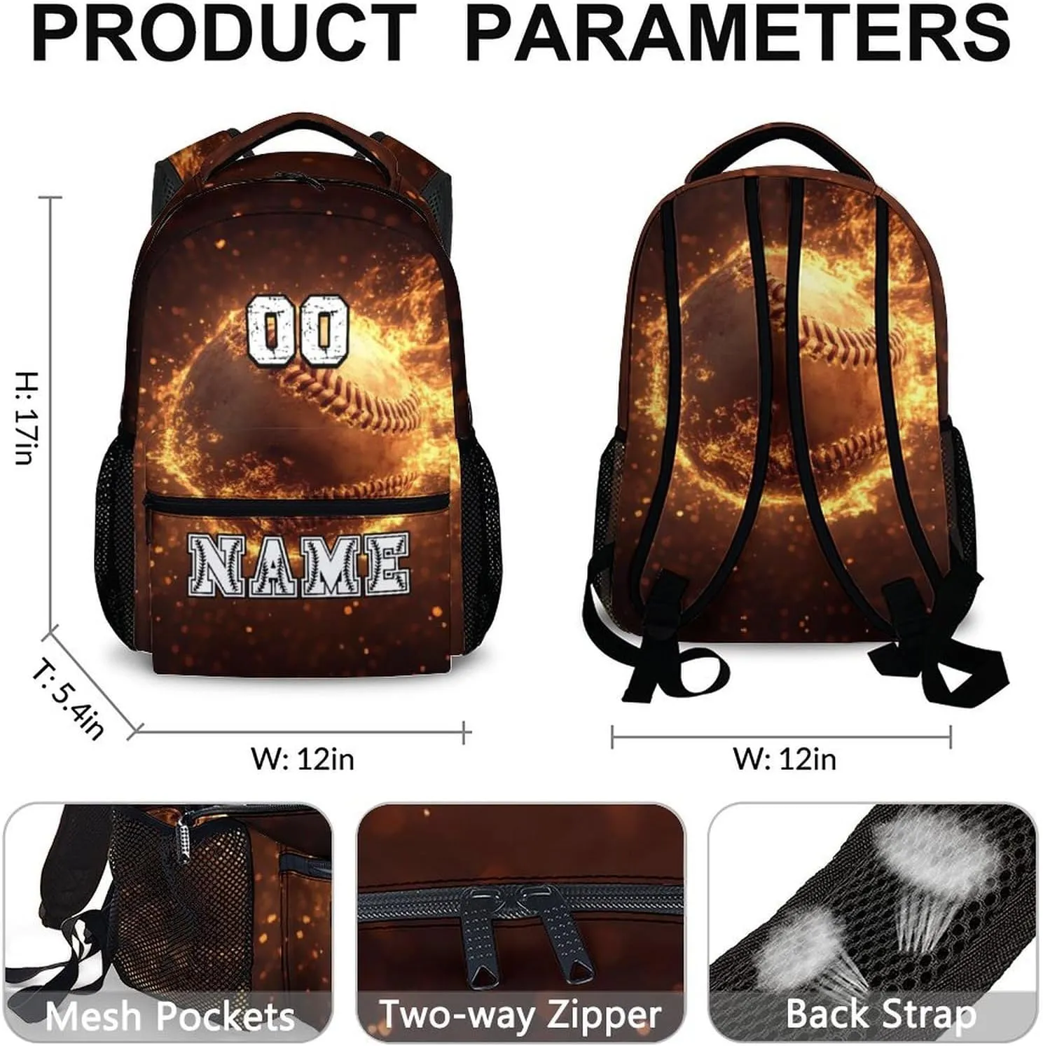 Custom Baseball Backpacks for Boys 8-12, 17" Sports Back to School Backpack Supplies Gifts for Children Teens, Personalized with Name Baseball Bookbag with Pockets for Travel Camping Hiking