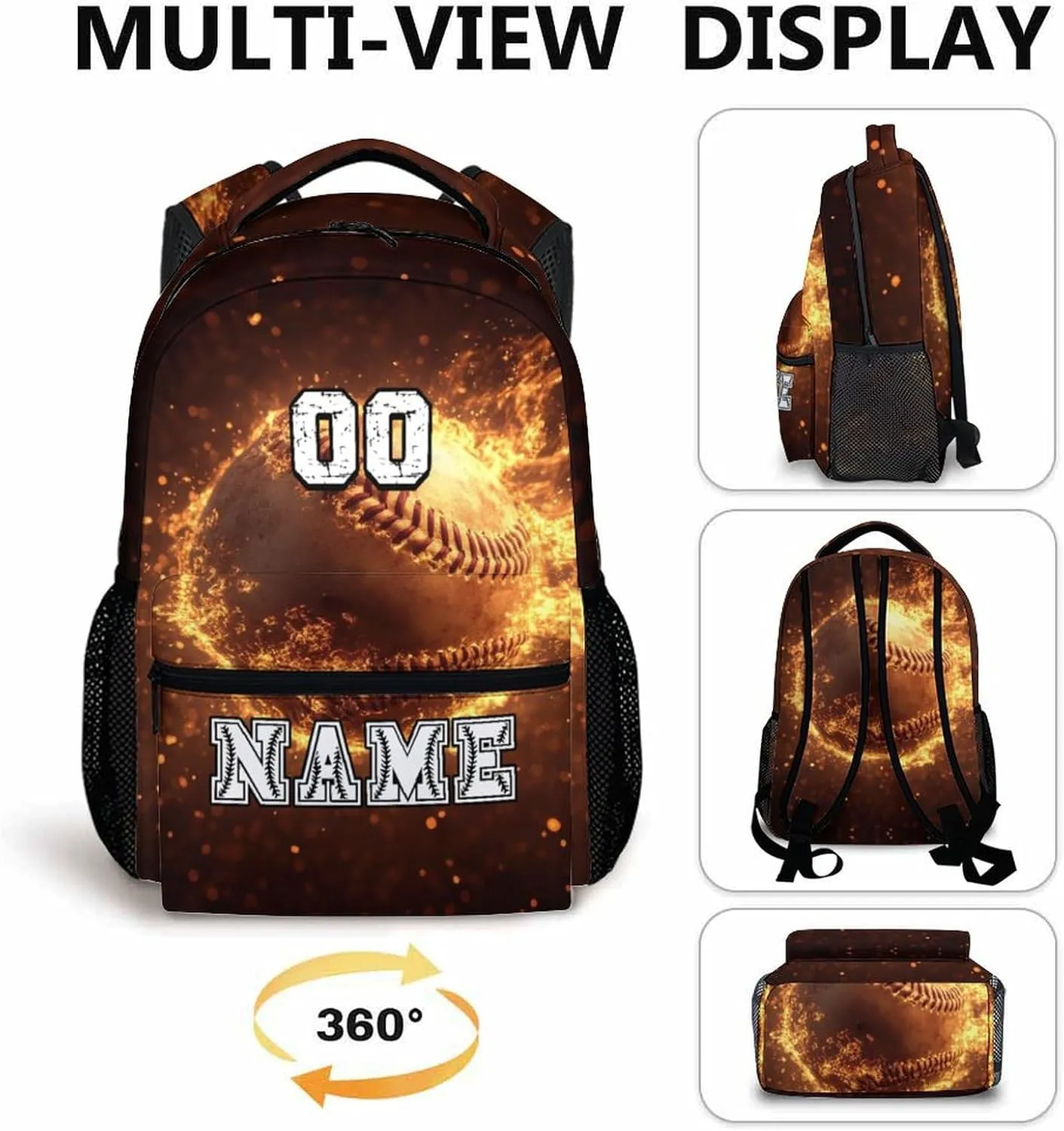 Custom Baseball Backpacks for Boys 8-12, 17" Sports Back to School Backpack Supplies Gifts for Children Teens, Personalized with Name Baseball Bookbag with Pockets for Travel Camping Hiking