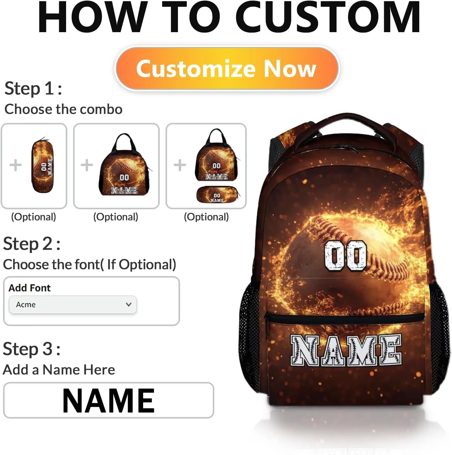 Custom Baseball Backpacks for Boys 8-12, 17" Sports Back to School Backpack Supplies Gifts for Children Teens, Personalized with Name Baseball Bookbag with Pockets for Travel Camping Hiking