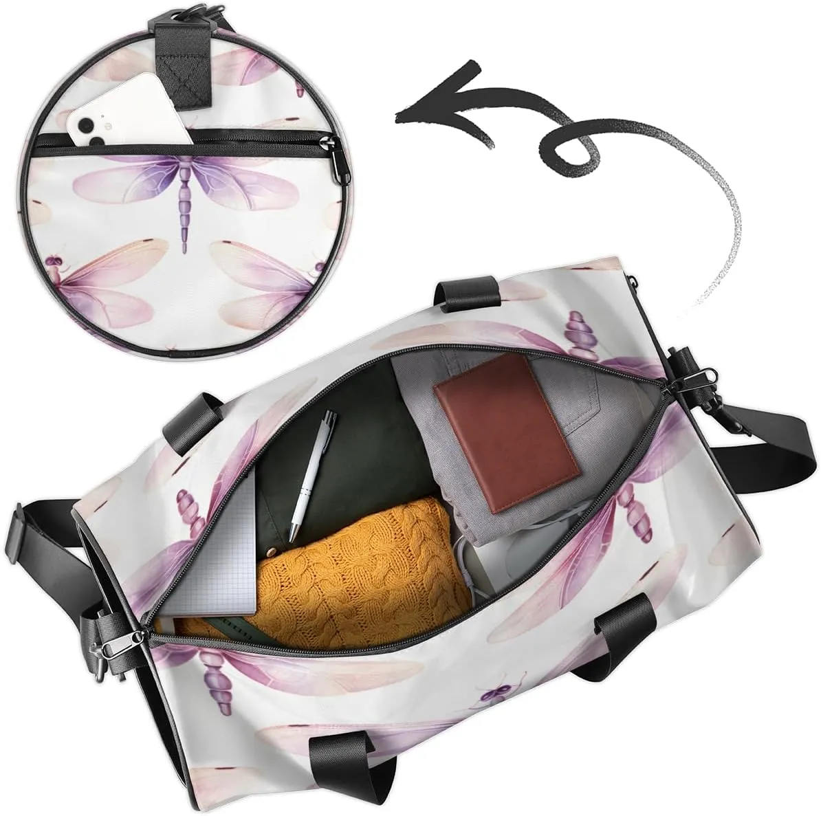 Custom Gym Bag for Women Men with Name, Personalized Dragonflies Theme Duffel Bag for Sports, Waterproof Dance Bag, Lightweight Carryon Gym Bag, Dragonflies