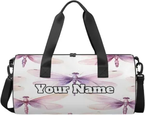 Custom Gym Bag for Women Men with Name, Personalized Dragonflies Theme Duffel Bag for Sports, Waterproof Dance Bag, Lightweight Carryon Gym Bag, Dragonflies