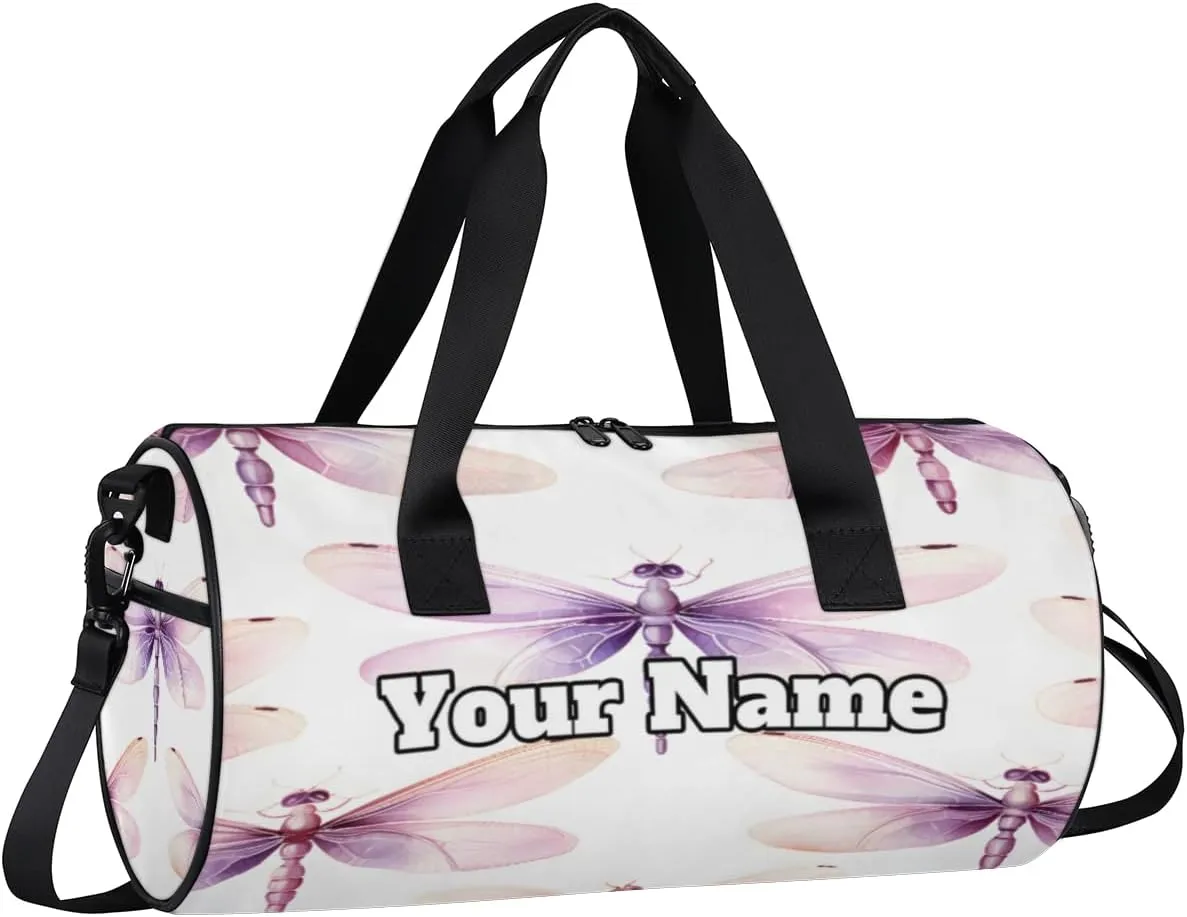 Custom Gym Bag for Women Men with Name, Personalized Dragonflies Theme Duffel Bag for Sports, Waterproof Dance Bag, Lightweight Carryon Gym Bag, Dragonflies