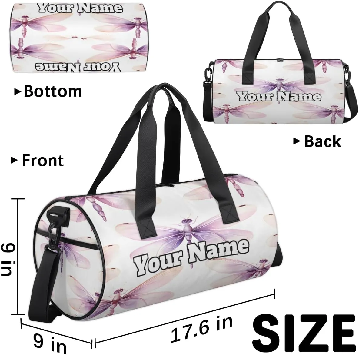 Custom Gym Bag for Women Men with Name, Personalized Dragonflies Theme Duffel Bag for Sports, Waterproof Dance Bag, Lightweight Carryon Gym Bag, Dragonflies