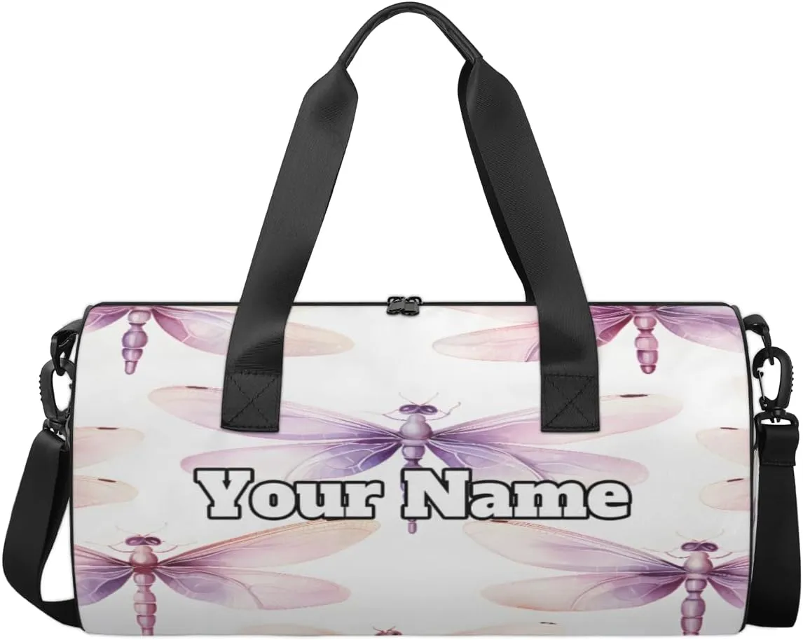 Custom Gym Bag for Women Men with Name, Personalized Dragonflies Theme Duffel Bag for Sports, Waterproof Dance Bag, Lightweight Carryon Gym Bag, Dragonflies