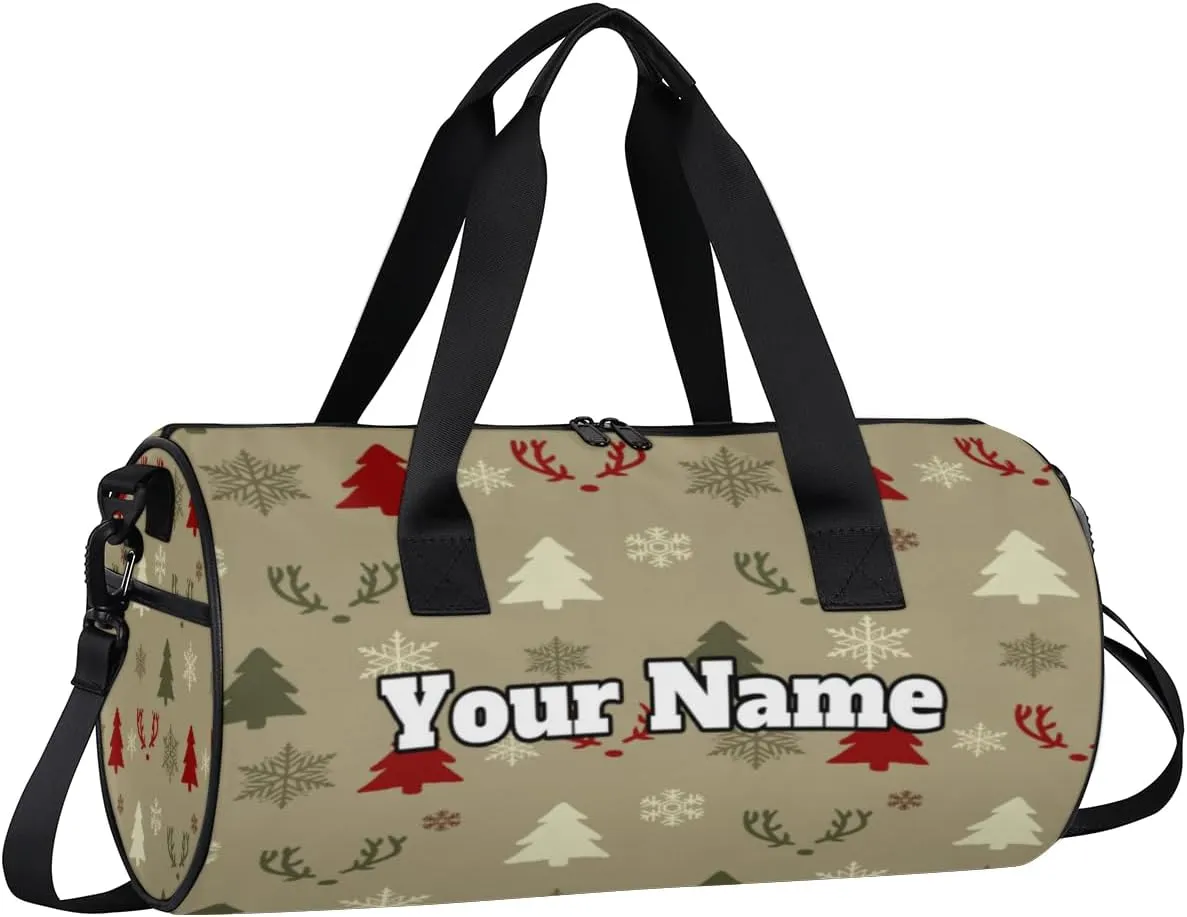 Custom Gym Bag for Women Men with Name, Personalized Elk Duffel Bag for Sports, Waterproof Dance Bag, Lightweight Carryon Gym Bag, Christmas Tree