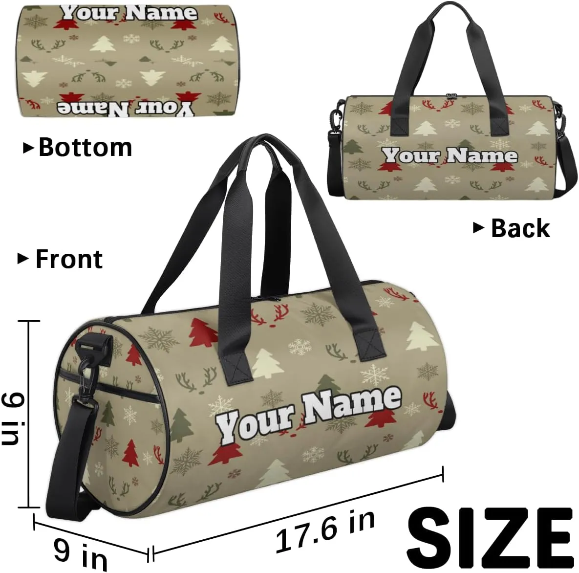 Custom Gym Bag for Women Men with Name, Personalized Elk Duffel Bag for Sports, Waterproof Dance Bag, Lightweight Carryon Gym Bag, Christmas Tree