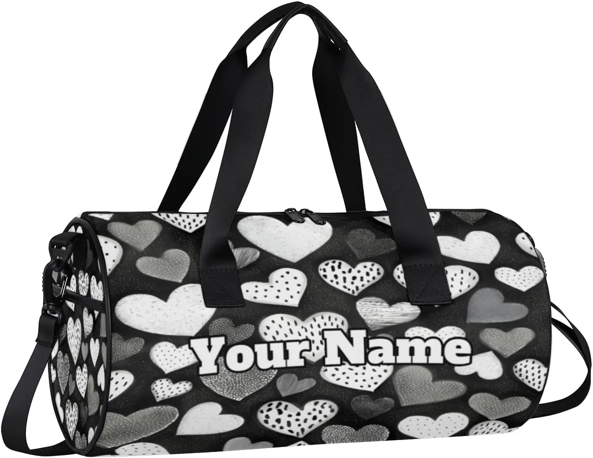 Custom Gym Bag for Women Men with Name, Personalized Hearts Duffel Bag for Sports, Waterproof Dance Bag, Lightweight Carryon Gym Bag, Valentine
