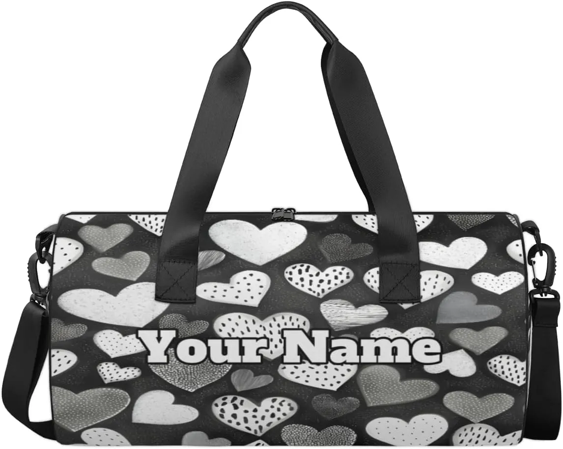 Custom Gym Bag for Women Men with Name, Personalized Hearts Duffel Bag for Sports, Waterproof Dance Bag, Lightweight Carryon Gym Bag, Valentine