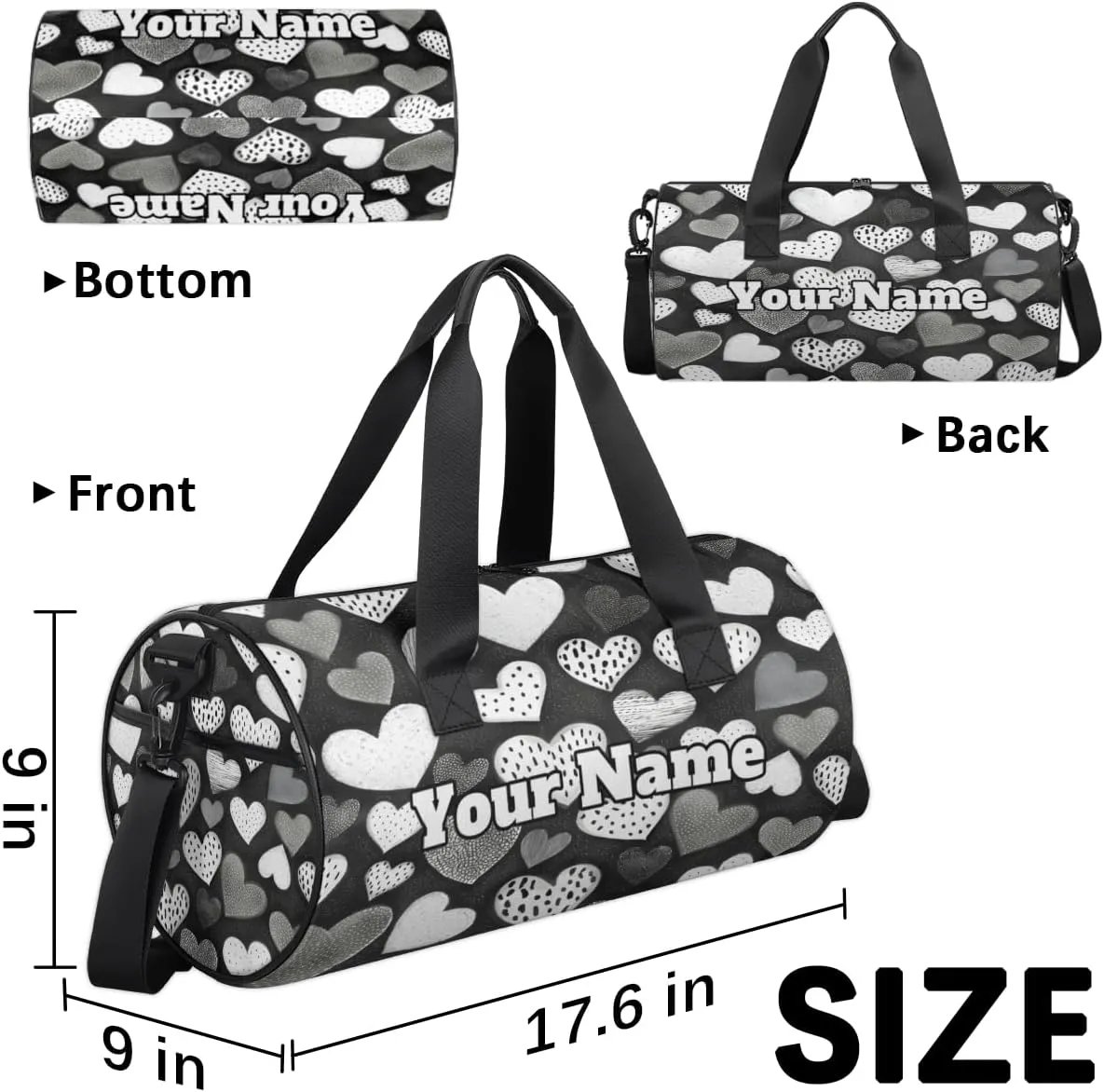 Custom Gym Bag for Women Men with Name, Personalized Hearts Duffel Bag for Sports, Waterproof Dance Bag, Lightweight Carryon Gym Bag, Valentine