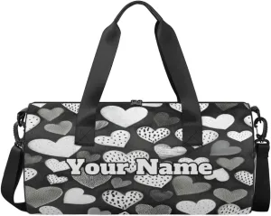 Custom Gym Bag for Women Men with Name, Personalized Hearts Duffel Bag for Sports, Waterproof Dance Bag, Lightweight Carryon Gym Bag, Valentine