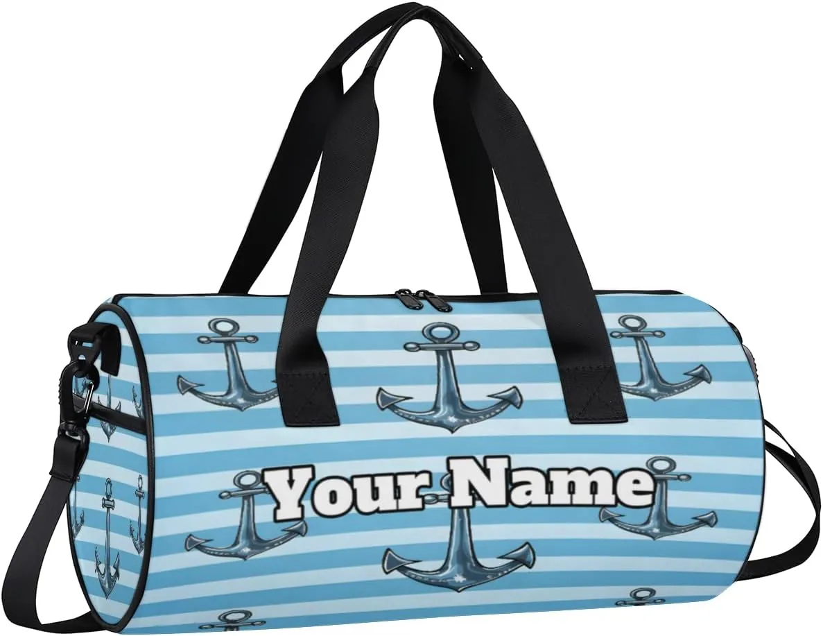 Custom Gym Bag for Women Men with Name, Personalized Nautical Stripe Duffel Bag for Sports, Waterproof Dance Bag, Lightweight Carryon Gym Bag, Anchors Away