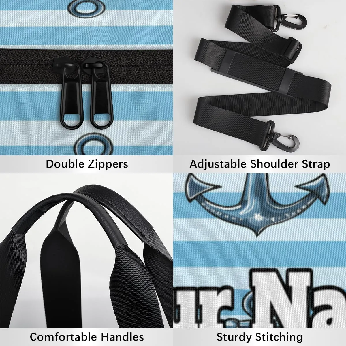 Custom Gym Bag for Women Men with Name, Personalized Nautical Stripe Duffel Bag for Sports, Waterproof Dance Bag, Lightweight Carryon Gym Bag, Anchors Away