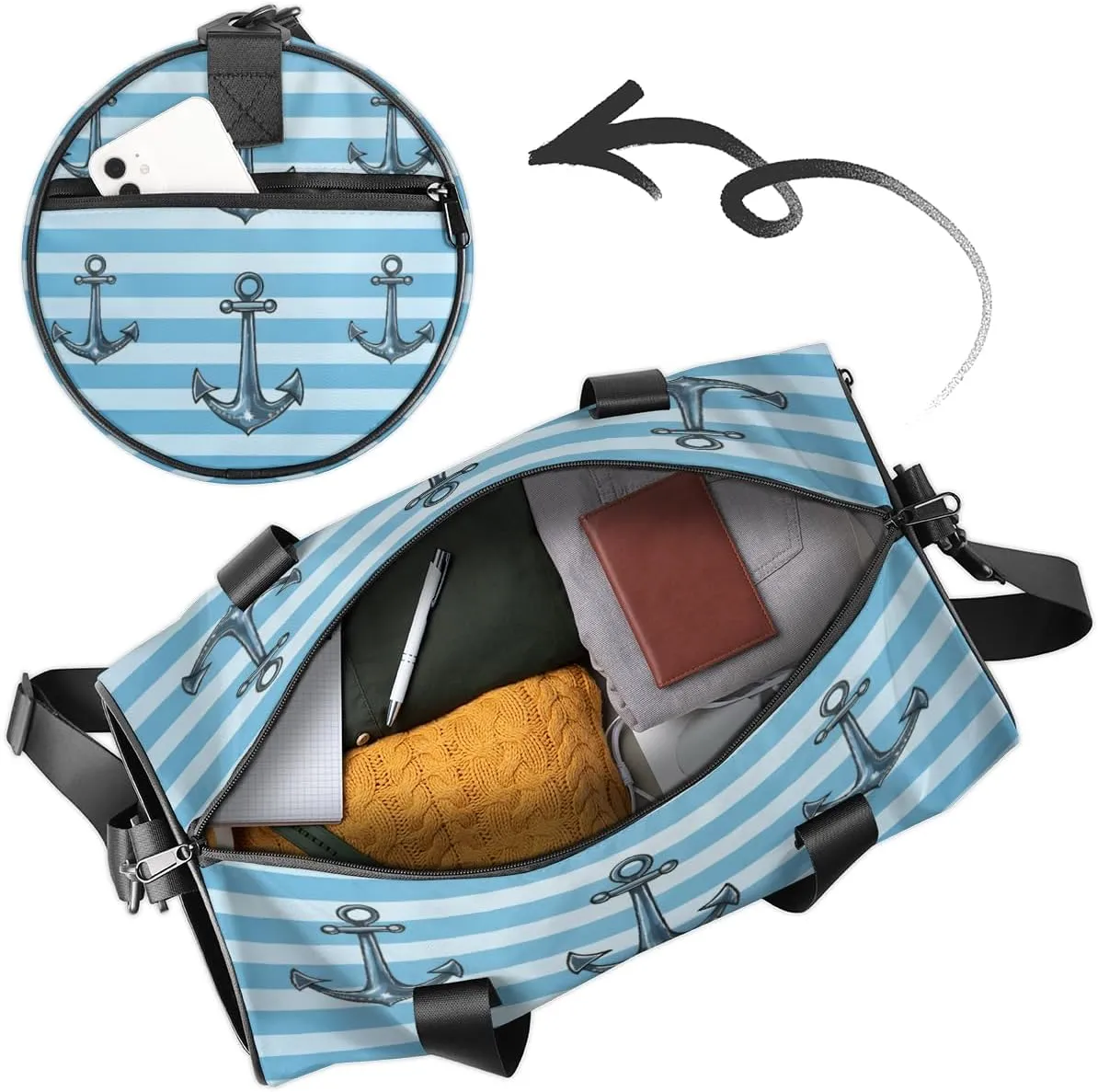 Custom Gym Bag for Women Men with Name, Personalized Nautical Stripe Duffel Bag for Sports, Waterproof Dance Bag, Lightweight Carryon Gym Bag, Anchors Away