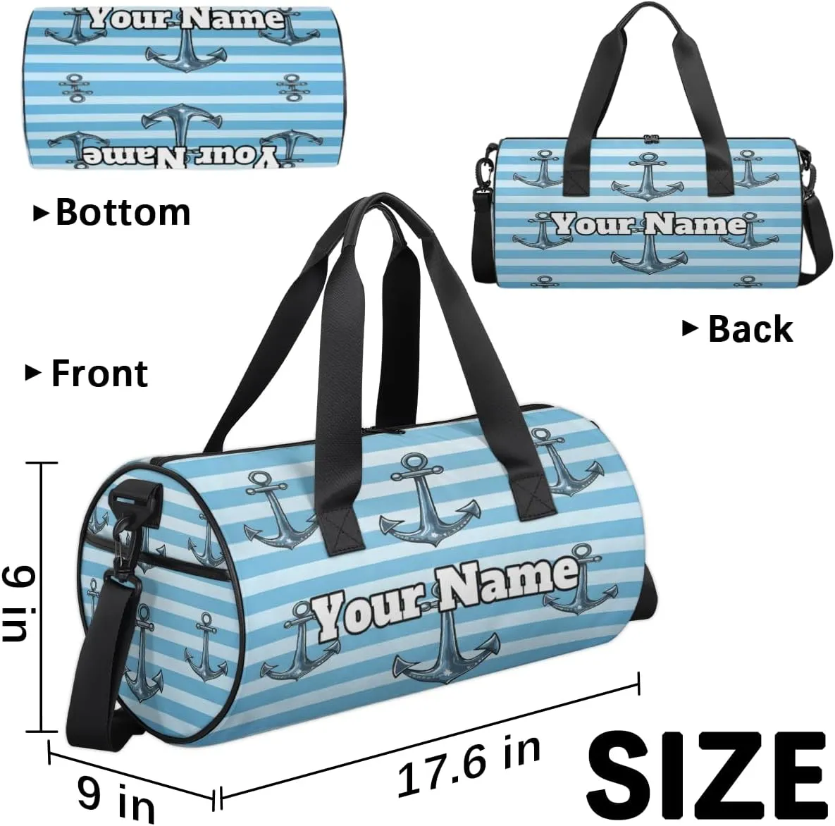 Custom Gym Bag for Women Men with Name, Personalized Nautical Stripe Duffel Bag for Sports, Waterproof Dance Bag, Lightweight Carryon Gym Bag, Anchors Away