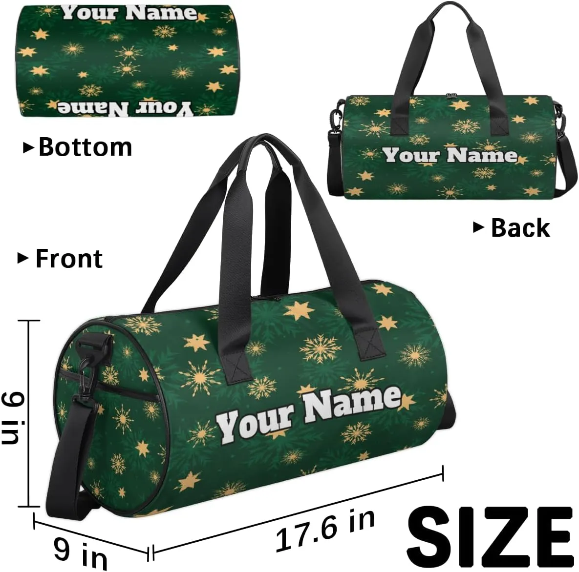 Custom Gym Bag for Women Men with Name, Personalized Snowflake Print Duffel Bag for Sports, Waterproof Dance Bag, Lightweight Carryon Gym Bag, Christmas