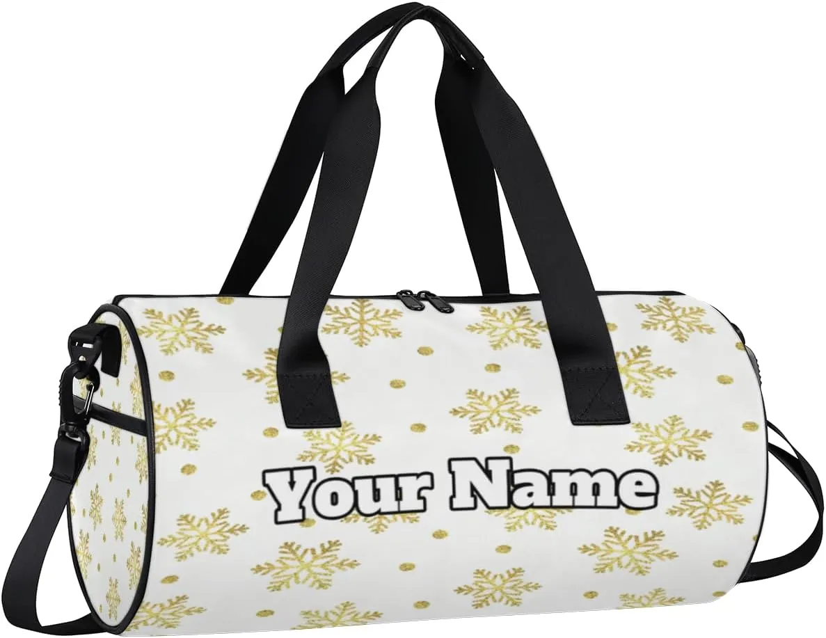 Custom Gym Bag for Women Men with Name, Personalized Yellow Snowflake Duffel Bag for Sports, Waterproof Dance Bag, Lightweight Carryon Gym Bag, Christmas
