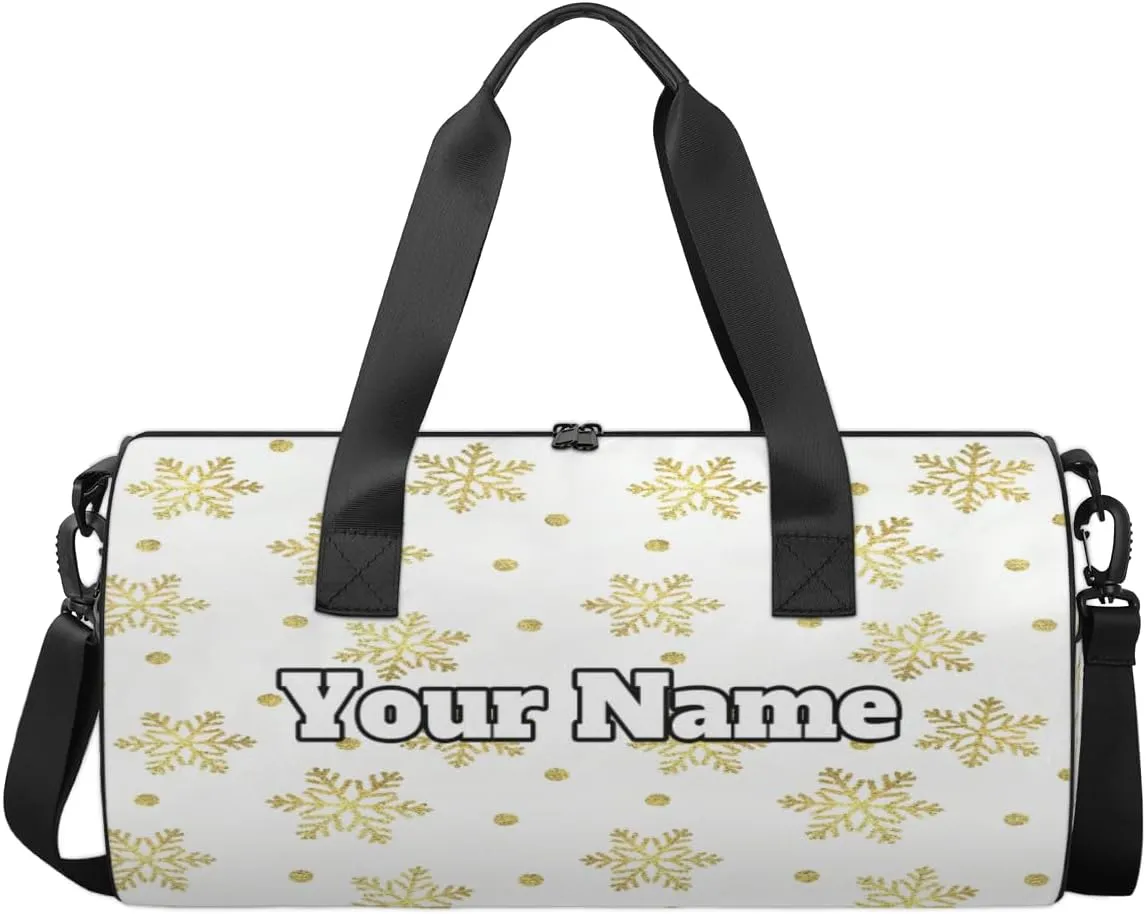 Custom Gym Bag for Women Men with Name, Personalized Yellow Snowflake Duffel Bag for Sports, Waterproof Dance Bag, Lightweight Carryon Gym Bag, Christmas