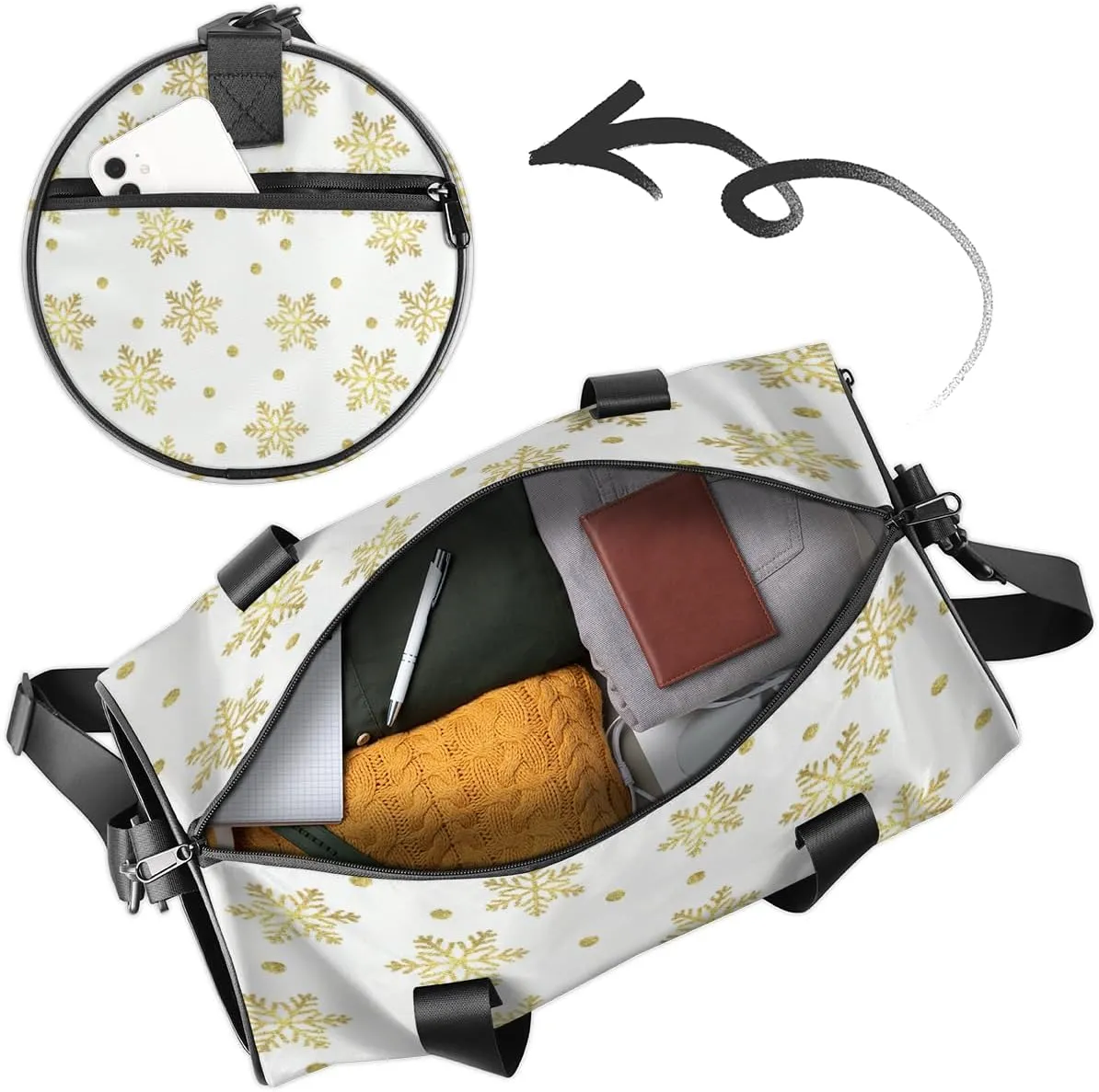 Custom Gym Bag for Women Men with Name, Personalized Yellow Snowflake Duffel Bag for Sports, Waterproof Dance Bag, Lightweight Carryon Gym Bag, Christmas