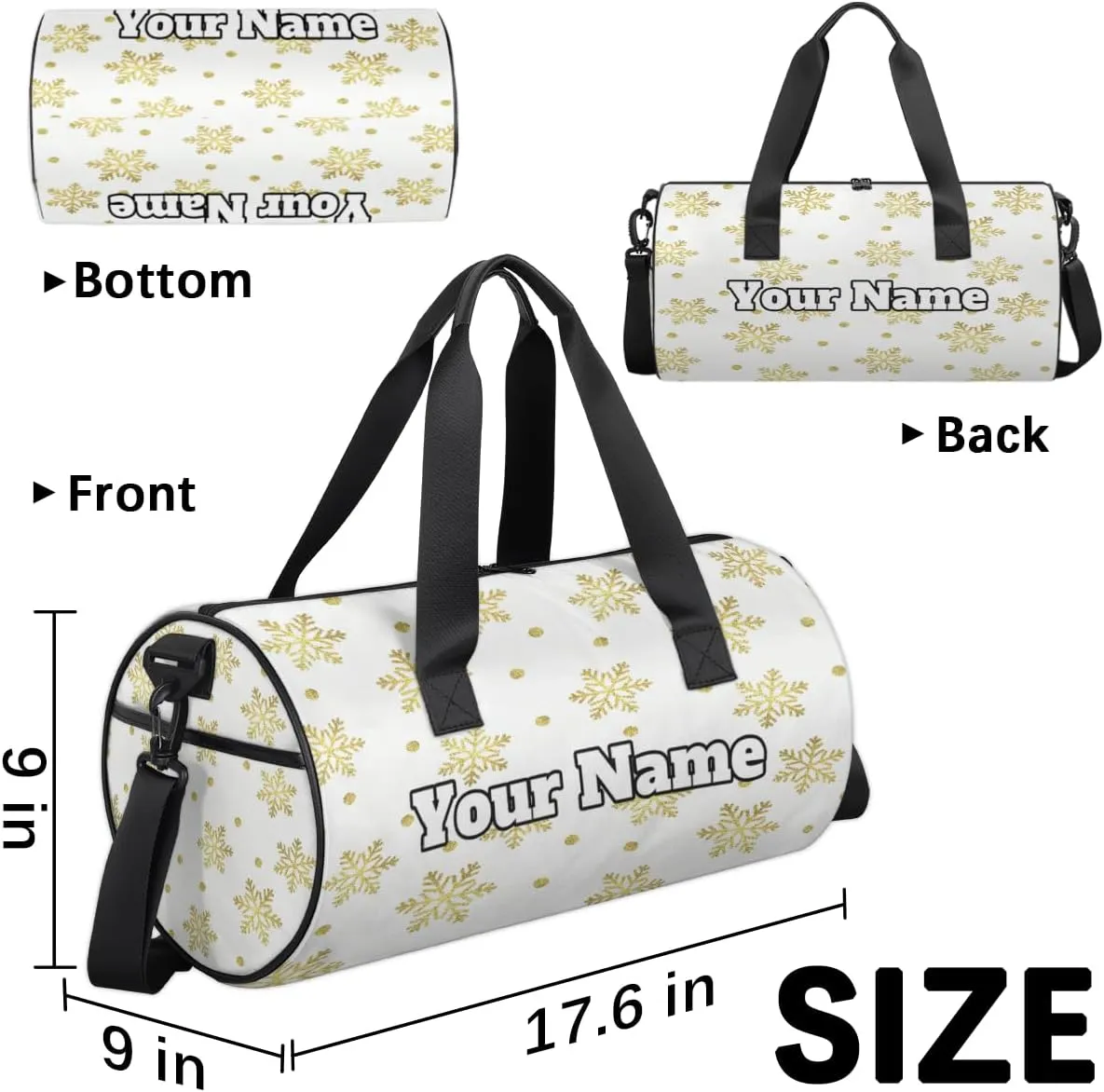 Custom Gym Bag for Women Men with Name, Personalized Yellow Snowflake Duffel Bag for Sports, Waterproof Dance Bag, Lightweight Carryon Gym Bag, Christmas