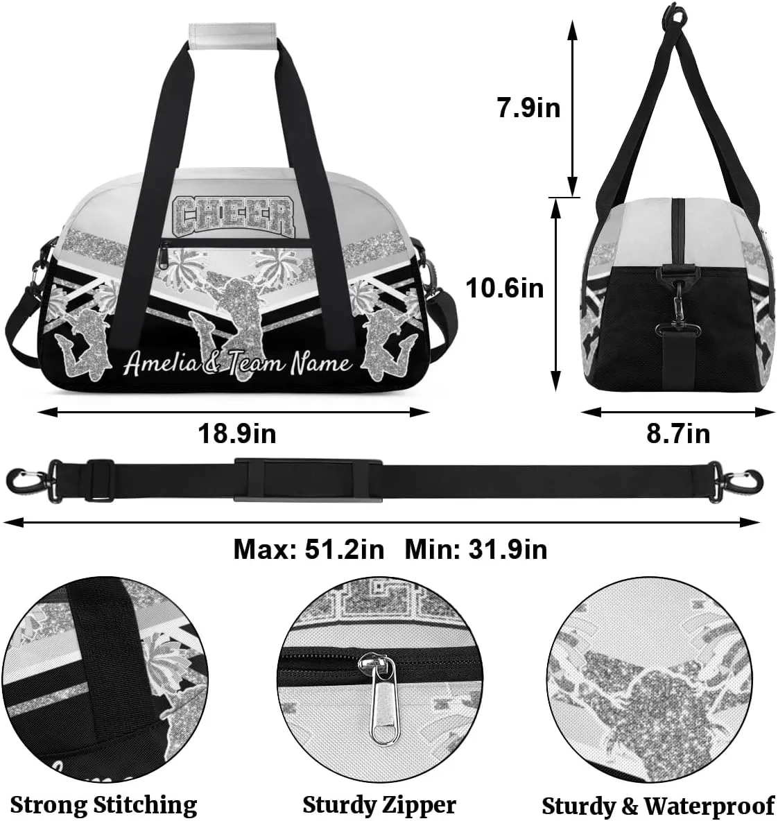 Custom Gym Bag for Women Personalized Cheer Team Sports Duffel Bag Lightweight Cheerleaders Weekender Overnight Travel Duffel Bag Light Grey