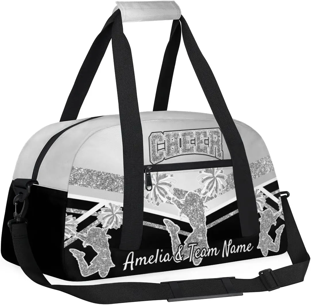 Custom Gym Bag for Women Personalized Cheer Team Sports Duffel Bag Lightweight Cheerleaders Weekender Overnight Travel Duffel Bag Light Grey