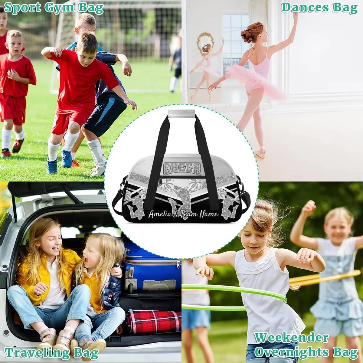 Custom Gym Bag for Women Personalized Cheer Team Sports Duffel Bag Lightweight Cheerleaders Weekender Overnight Travel Duffel Bag Light Grey