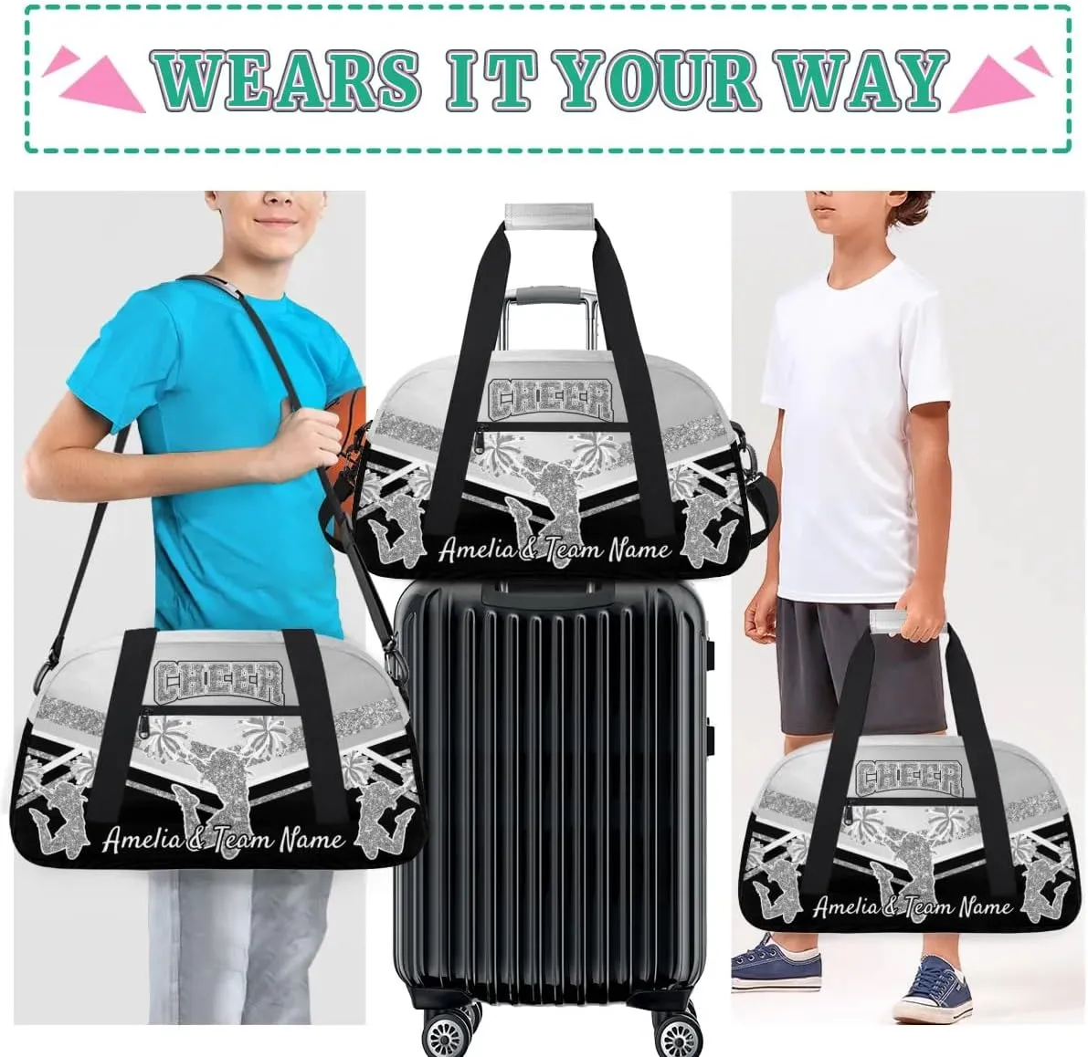 Custom Gym Bag for Women Personalized Cheer Team Sports Duffel Bag Lightweight Cheerleaders Weekender Overnight Travel Duffel Bag Light Grey