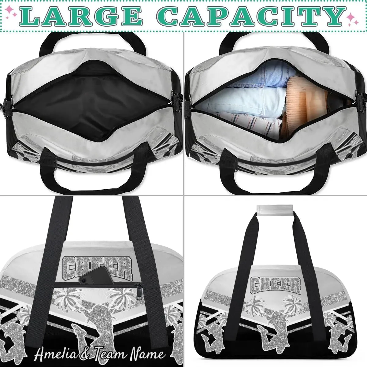 Custom Gym Bag for Women Personalized Cheer Team Sports Duffel Bag Lightweight Cheerleaders Weekender Overnight Travel Duffel Bag Light Grey
