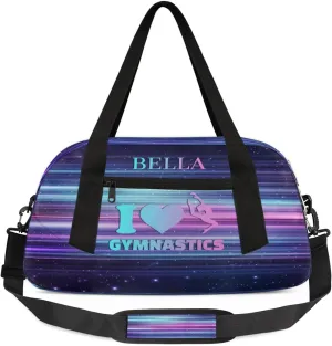 Custom Kids Sports Duffel Bag Abstract Purple Teal Horizontal Lines Gym Personalized Dance Gym Bag for Boys Girls Lightweight Weekender Travel Duffle Cheer Bag