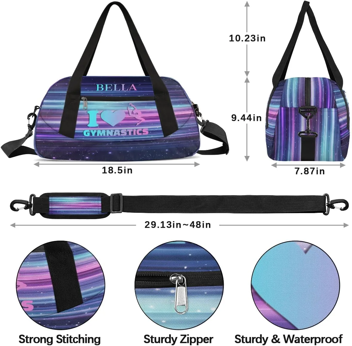 Custom Kids Sports Duffel Bag Abstract Purple Teal Horizontal Lines Gym Personalized Dance Gym Bag for Boys Girls Lightweight Weekender Travel Duffle Cheer Bag