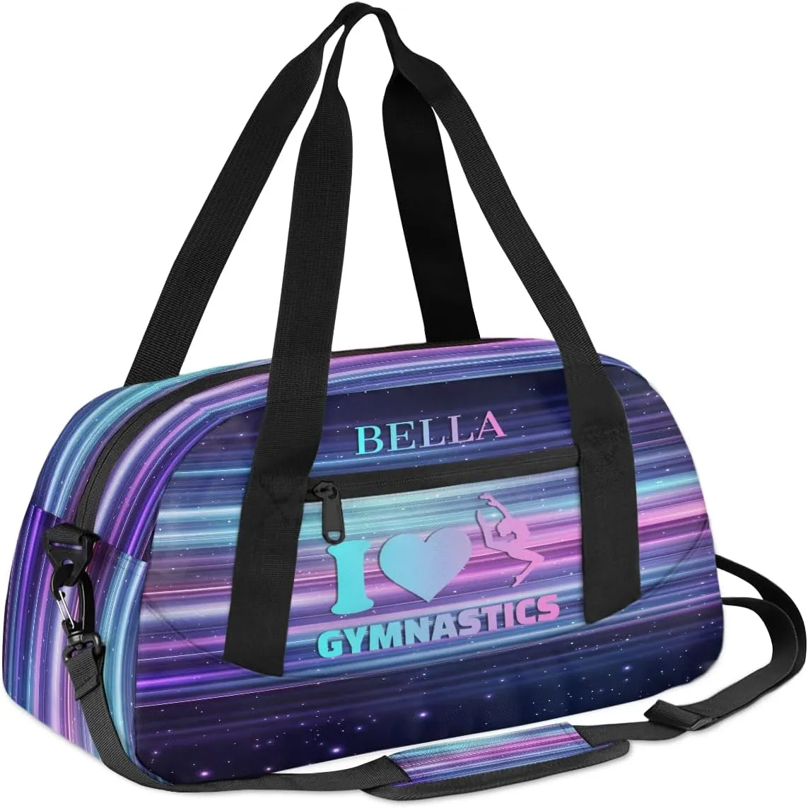 Custom Kids Sports Duffel Bag Abstract Purple Teal Horizontal Lines Gym Personalized Dance Gym Bag for Boys Girls Lightweight Weekender Travel Duffle Cheer Bag