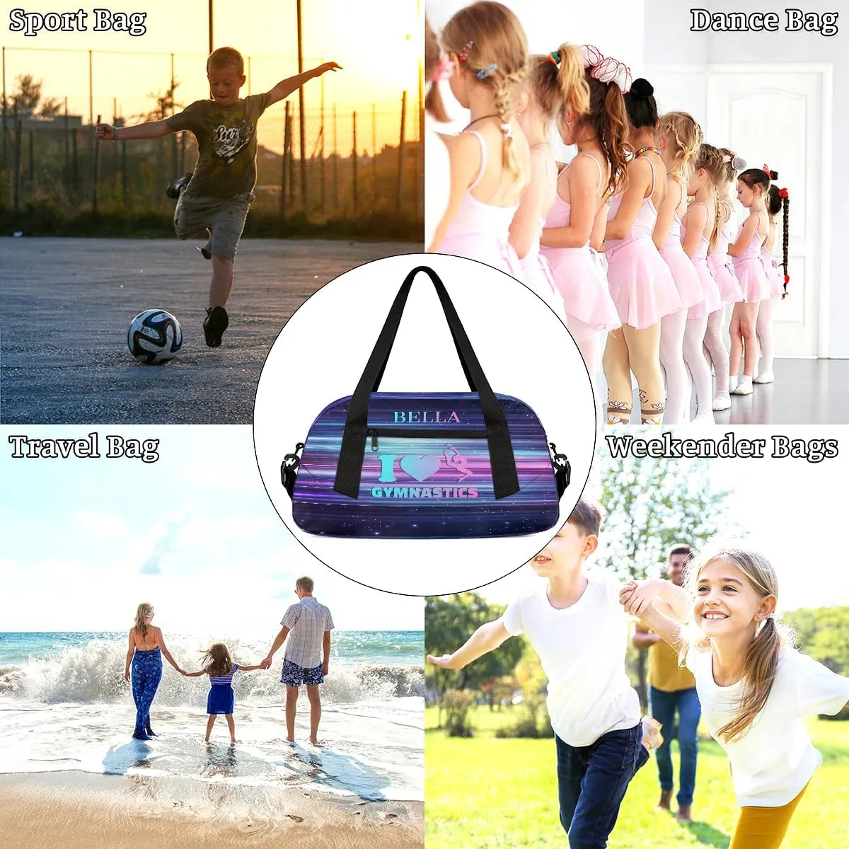 Custom Kids Sports Duffel Bag Abstract Purple Teal Horizontal Lines Gym Personalized Dance Gym Bag for Boys Girls Lightweight Weekender Travel Duffle Cheer Bag
