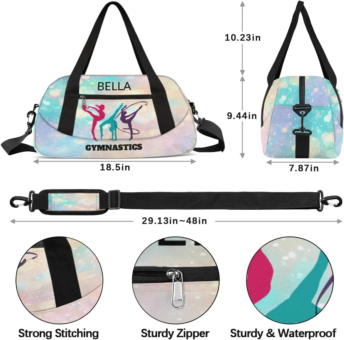 Custom Kids Sports Duffel Bag Pastel Glitter Sparkling Gym Personalized Dance Gym Bag for Boys Girls Lightweight Weekender Travel Duffle Cheer Bag