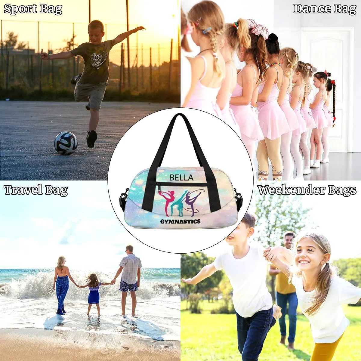 Custom Kids Sports Duffel Bag Pastel Glitter Sparkling Gym Personalized Dance Gym Bag for Boys Girls Lightweight Weekender Travel Duffle Cheer Bag