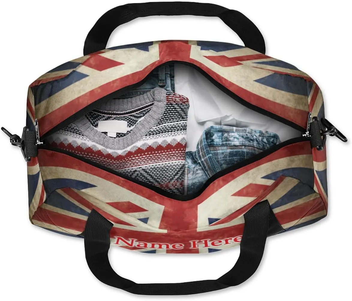 Custom Name Small Kids Overnighter Duffle Bag for Boys Girls British UK Flag Personalized Lightweight Gym Sports Duffle Bag Travel Weekender Tote Carry on Bag Customized Kids Gifts