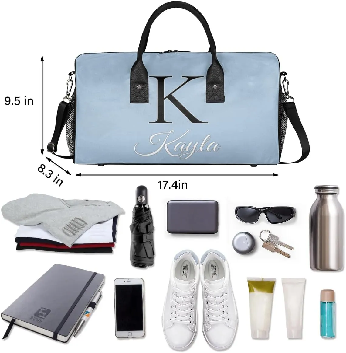 Custom Name Sport Duffel Bag, Personalized Initial Small Gym Bag, Lightweight Travel Duffle Bag Carry On Weekender Bag, Blue